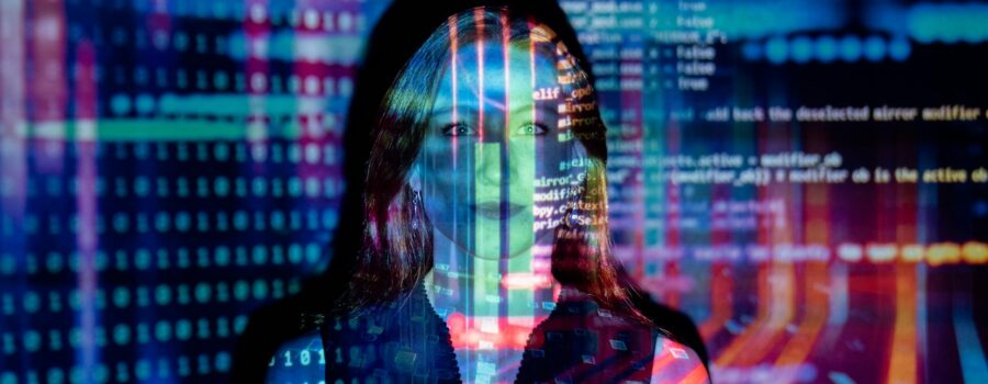 code projected over woman