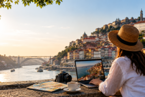 Traveler researching a Portugal destination on a laptop overlooking a riverside city