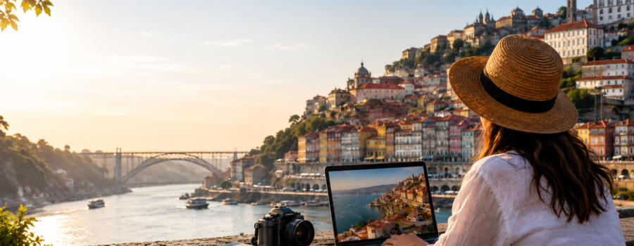 Traveler researching a Portugal destination on a laptop overlooking a riverside city