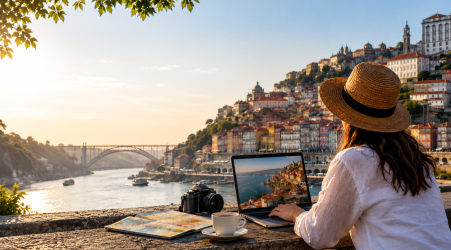 Traveler researching a Portugal destination on a laptop overlooking a riverside city