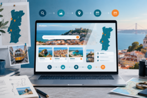 Portugal travel website strategy shown on a laptop with destination planning, itinerary, booking, map, and travel photography elements