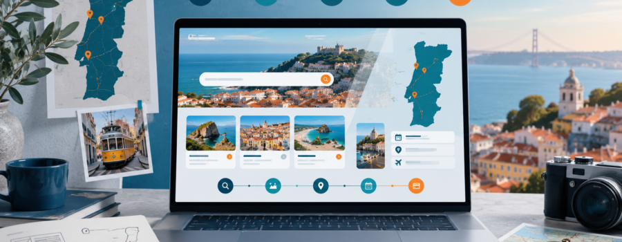 Portugal travel website strategy shown on a laptop with destination planning, itinerary, booking, map, and travel photography elements