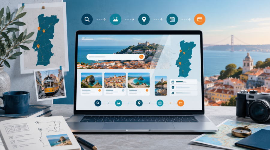 Portugal travel website strategy shown on a laptop with destination planning, itinerary, booking, map, and travel photography elements